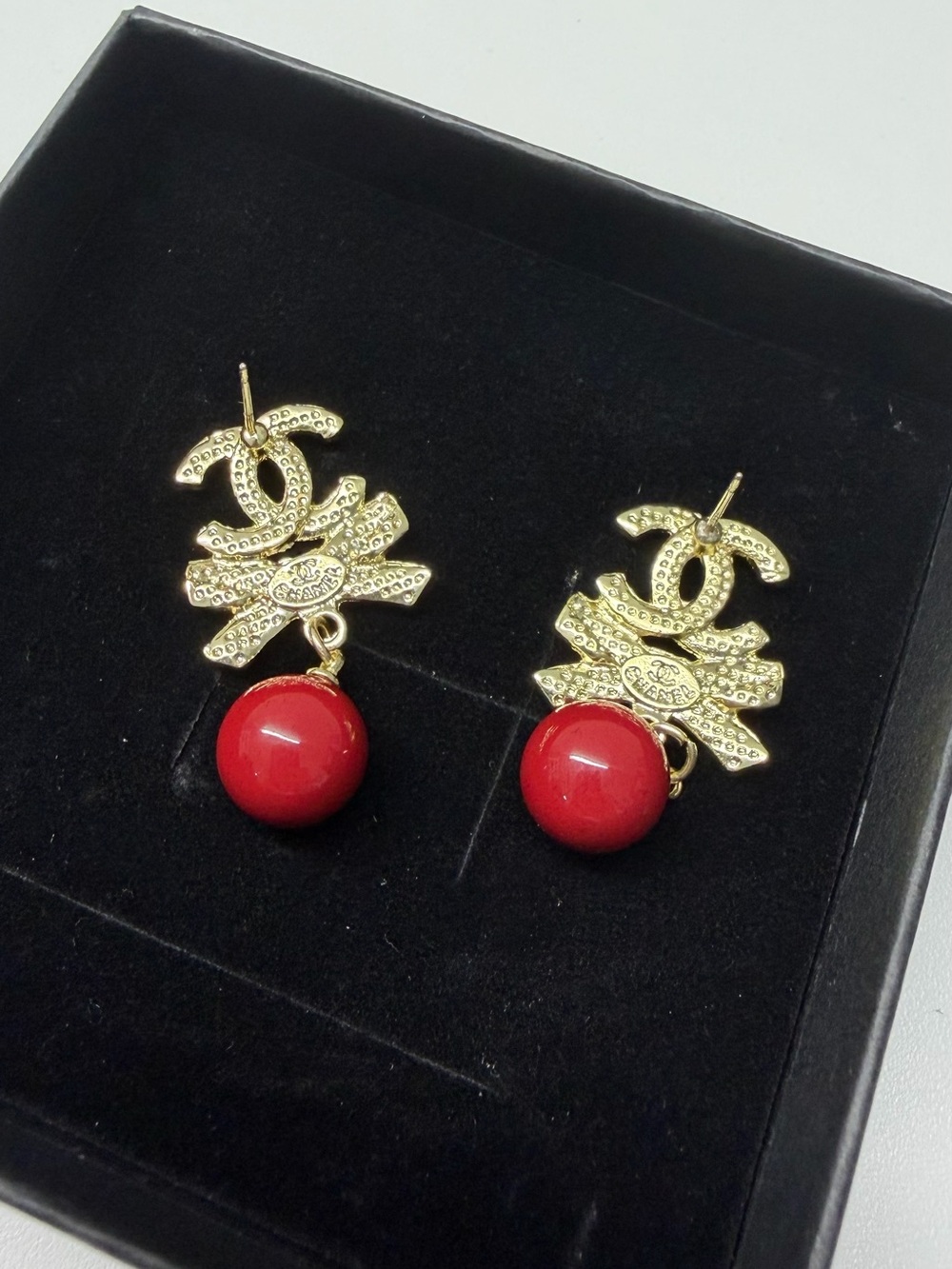 Gold Crystal Bow Drop Earrings with Red Bead - Picture 4 of 4